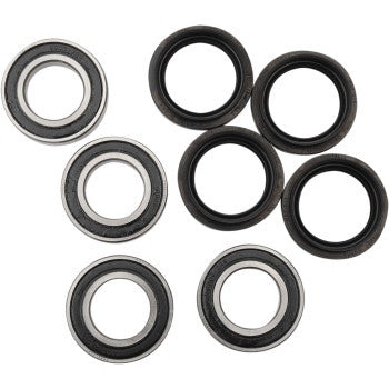 Eight rear wheel bearings from the Yamaha Grizzly Wheel Bearing Kit by Pivot Works are shown on a white background, with alternating orientations displaying both the metal outer rings and inner rubber seals.