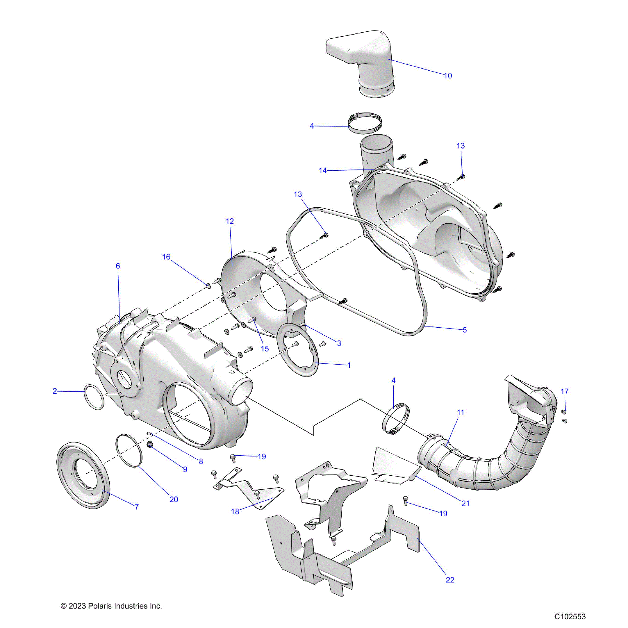 An Image of a Genuine Polaris Parts Schematic Diagram showing the schematic - BODY: CLUTCH COVER - 2025 POLARIS SPORTSMAN 570 UTILITY