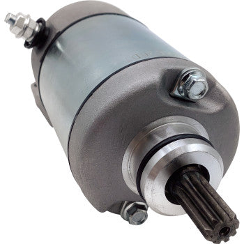 Metal cylindrical electric starter motor with a gray body and black drive gear shaft at the front.