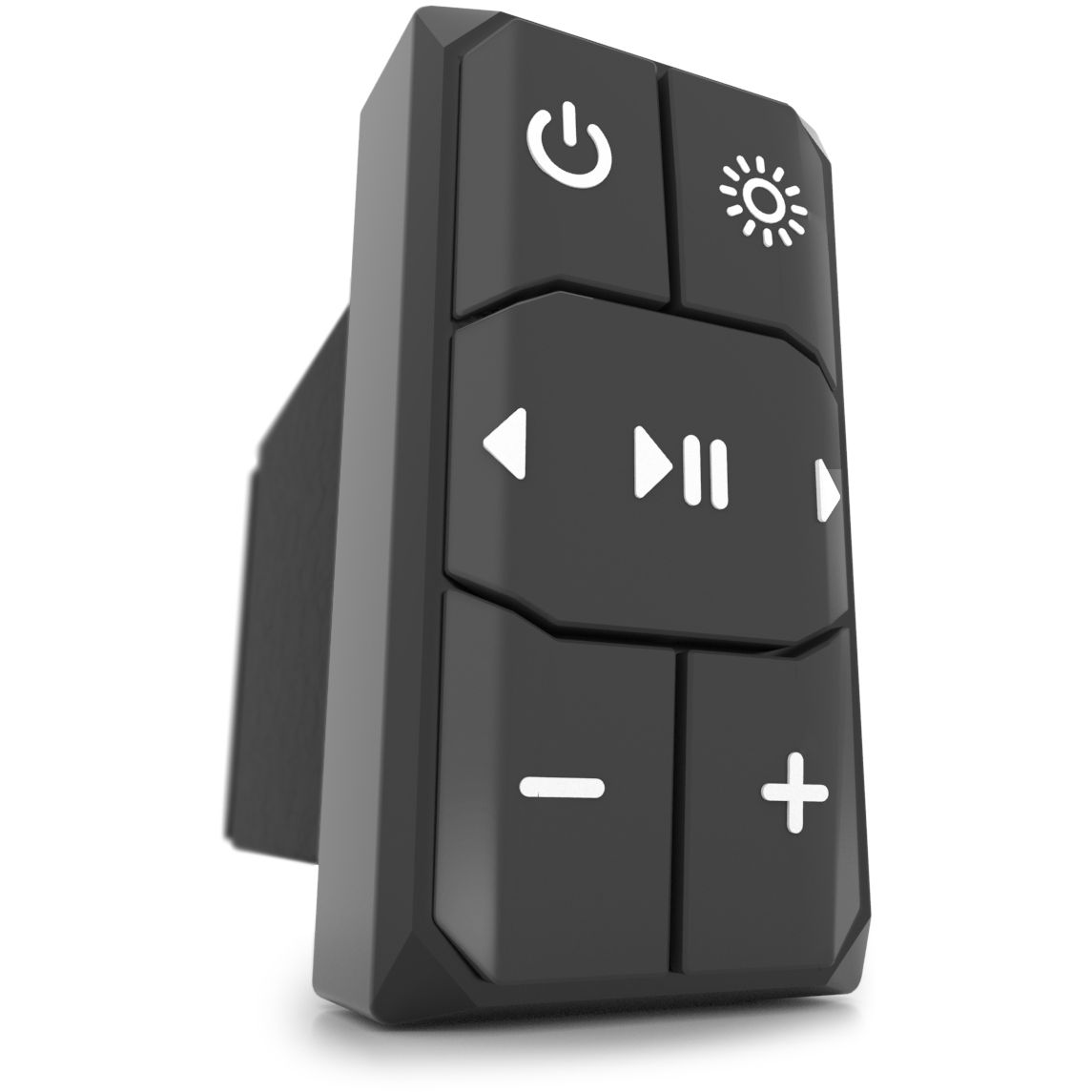 The Audio Rocker Switch by EcoXGear is a black rectangular remote with six white-icon buttons—power, brightness, rewind, play/pause, volume down, and volume up. Enjoy plug and play installation for easy setup.