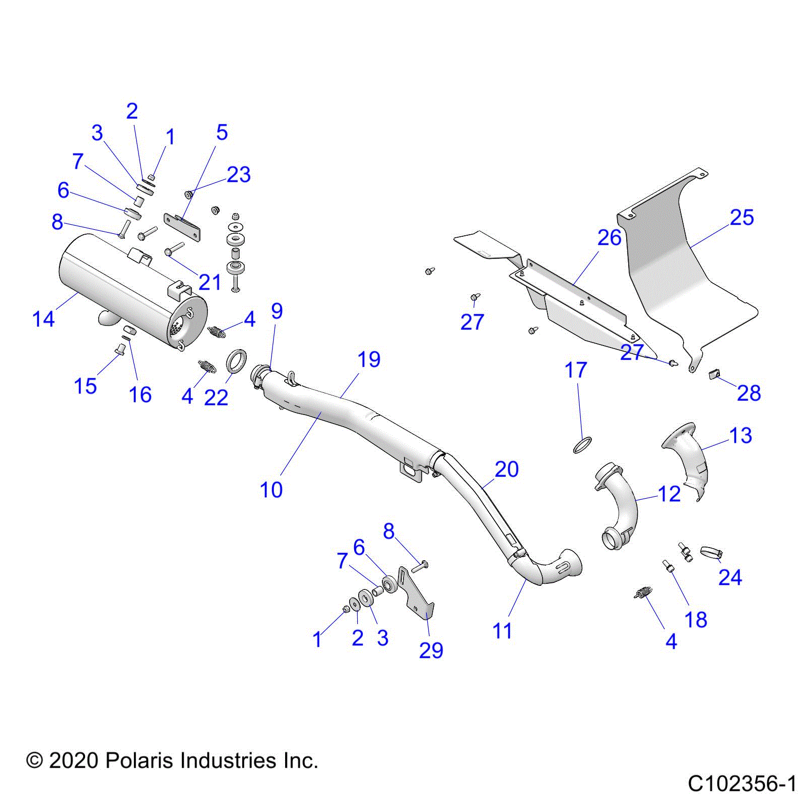An Image of a Genuine Polaris Parts Schematic Diagram showing the schematic - ENGINE: EXHAUST - 2021 POLARIS SPORTSMAN 570 6X6