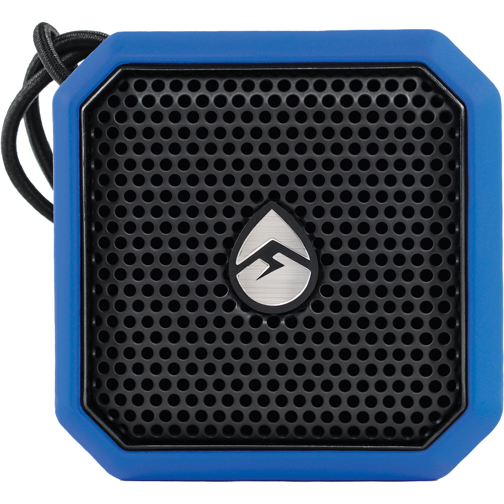 The Ecopebble Lite Blue by EcoXGear is a compact, square portable speaker featuring a blue border, black perforated front grill, circular center logo, and a black cord attached at the top left corner.