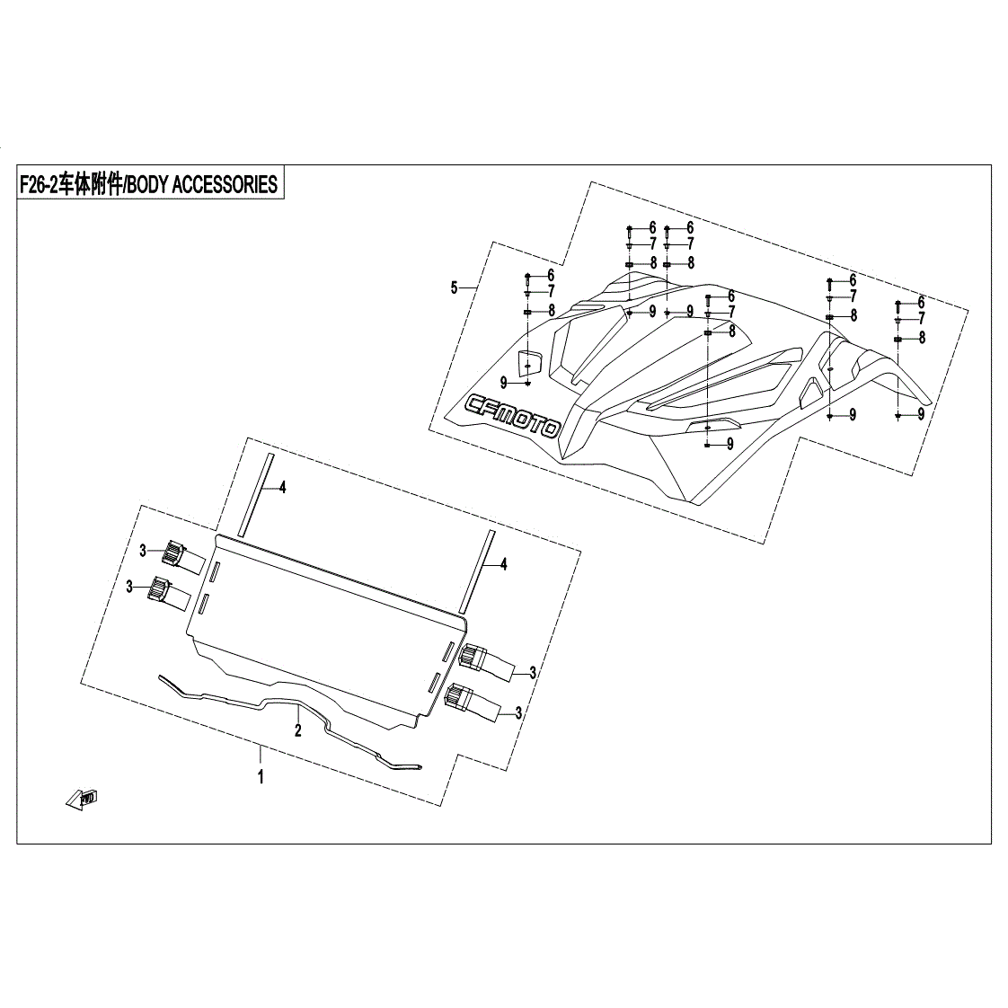 An Image of a Genuine CFMOTO Parts Schematic Diagram showing the schematic - BODY ACCESSORIES - 2017 CFMOTO ZFORCE 500