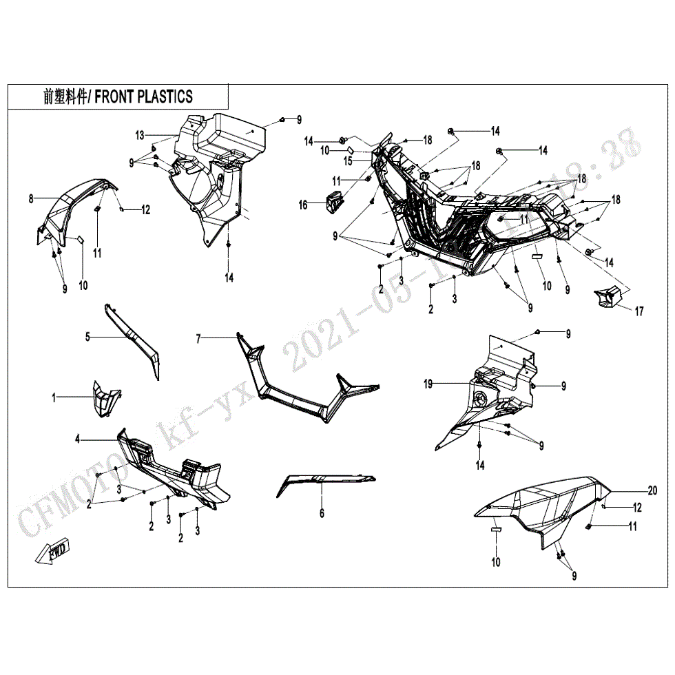An Image of a genuine CFMOTO Parts Schematic Diagram showing the group - FRONT PLASTICS - 2022 CFMOTO CFORCE 600