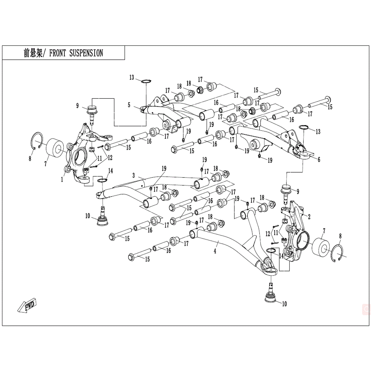 An Image of a Genuine CFMOTO Parts Schematic Diagram showing the schematic - FRONT SUSPENSION(2) - 2023 CFMOTO ZFORCE 800 Trail