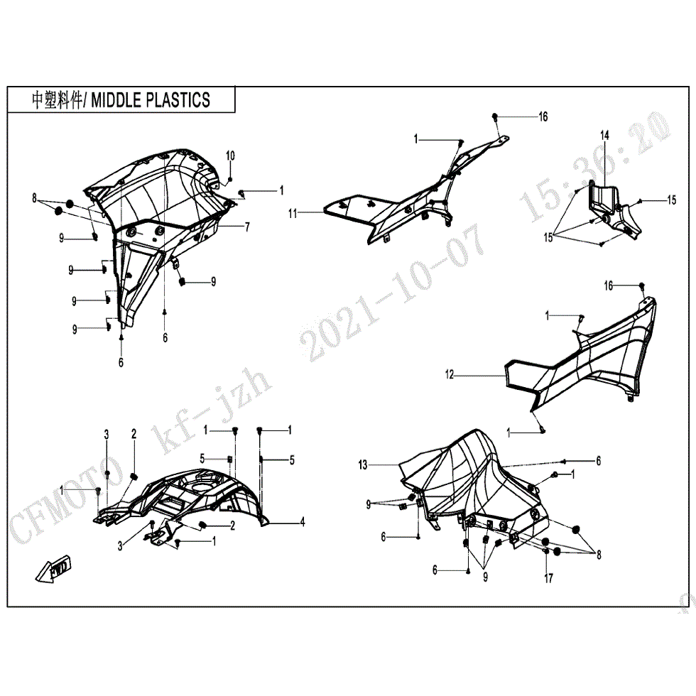 An Image of a genuine CFMOTO Parts Schematic Diagram showing the group - MIDDLE PLASTICS - 2022 CFMOTO CFORCE 600