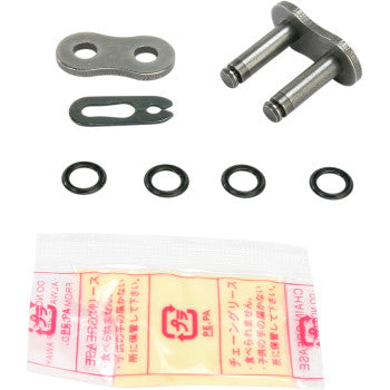 Steel 428 VX connecting link clip kit with two metal link plates, clip, four black O-rings, and instructional paper insert.