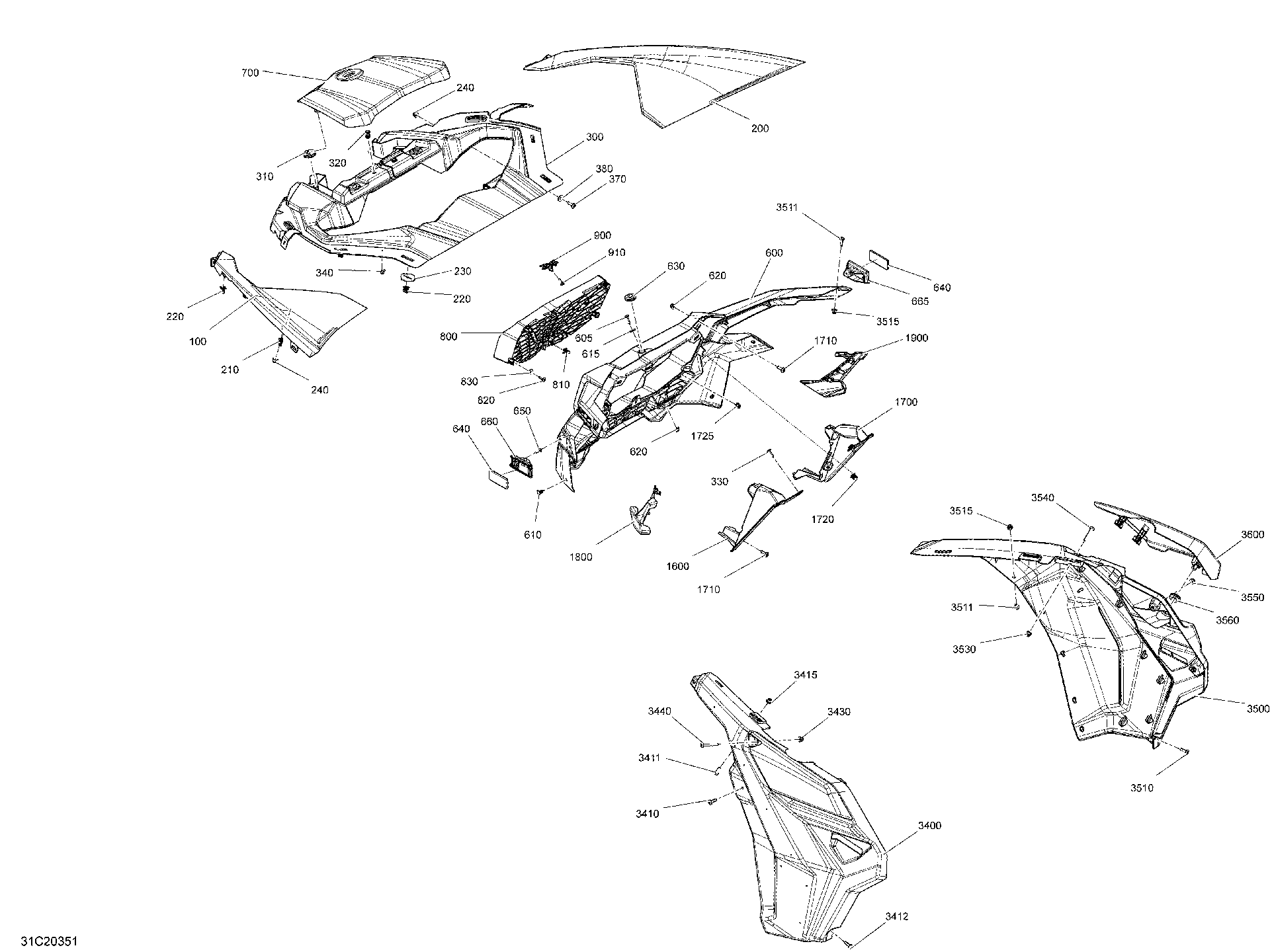 An Image of a Genuine Can-Am Parts Schematic Diagram showing the schematic - BODY - FRONT SECTION - X MR - GREEN