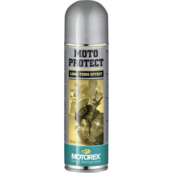 The Moto Protect 500ml Aerosol by Motorex is a silver and turquoise spray can for care and protection of painted surfaces, featuring "Long-Term Effect" on the label and a motorcycle image on the front.