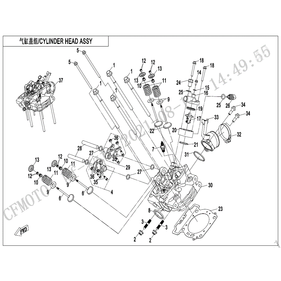 An Image of a genuine CFMOTO Parts Schematic Diagram showing the group - CYLINDER HEAD ASSY. - 2022 CFMOTO CFORCE 500 S