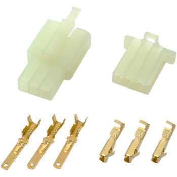 The Electrical Connectors Three Pin by Shindy includes one male and one female plastic housing with three gold pins, perfect for accessory wiring or factory harness applications.