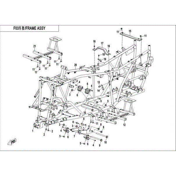 An Image of a genuine CFMOTO Parts Schematic Diagram showing the group - FRAME ASSY - 2015 CFMOTO CFORCE 500 HO