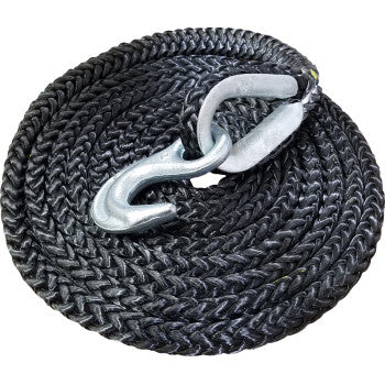 Coiled black braided synthetic rope with a silver metal hook attached.
