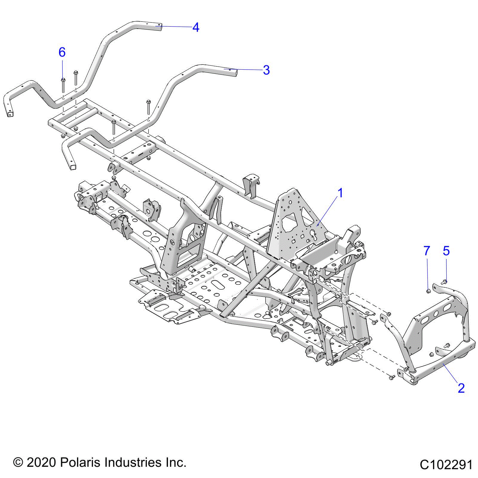 An Image of a Genuine Polaris Parts Schematic Diagram showing the schematic - CHASSIS: FRAME - 2021 POLARIS SPORTSMAN 570 HUNTER EDITION