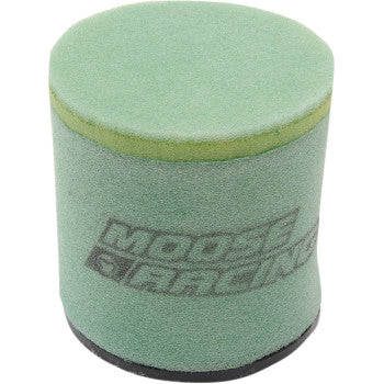 The Polaris Precision Pre Oiled Air Filter by Moose Offroad is a cylindrical green foam filter with the Moose Racing logo, pre-oiled with Super Seal Filter Oil for superior performance and protection.