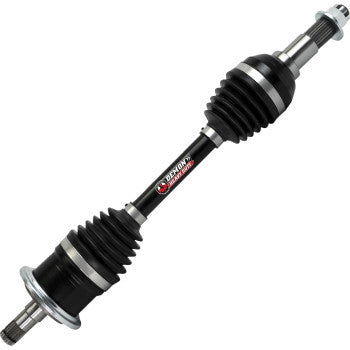 The Can Am Axle Lift Kit Heavy Duty Front Left by Demon features a black and silver chromoly steel shaft with rubber boots, metal joints, and high load molybdenum grease for durable CV joint protection.