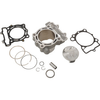 The Yamaha Cylinder Kit Standard Bore 102.00 mm by Cylinder Works, including a Vertex piston, gaskets, rings, wrist pin, and circlips, is neatly arranged on a white background.