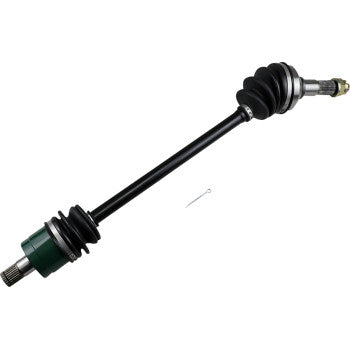 Black metal Kawasaki Teryx front right CV axle with rubber boots and green joint housing.