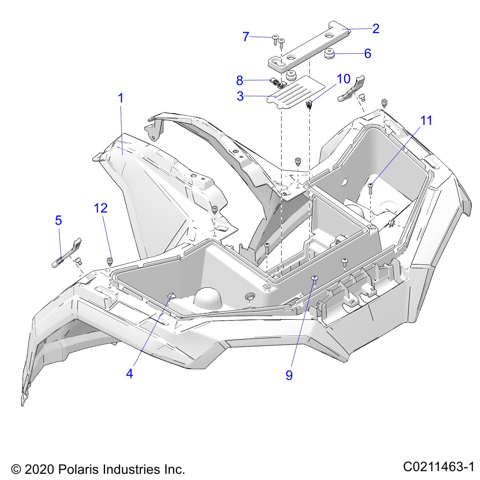 An Image of a Genuine Polaris Parts Schematic Diagram showing the schematic - BODY: FRONT CAB - 2021 POLARIS SPORTSMAN 570 UTILITY