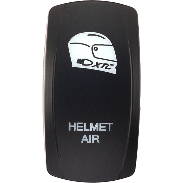 The Dash Switch Rocker Face Helmet Air by XTC Power is a black switch labeled HELMET AIR, featuring a white racing helmet icon with DXT beneath the graphic.