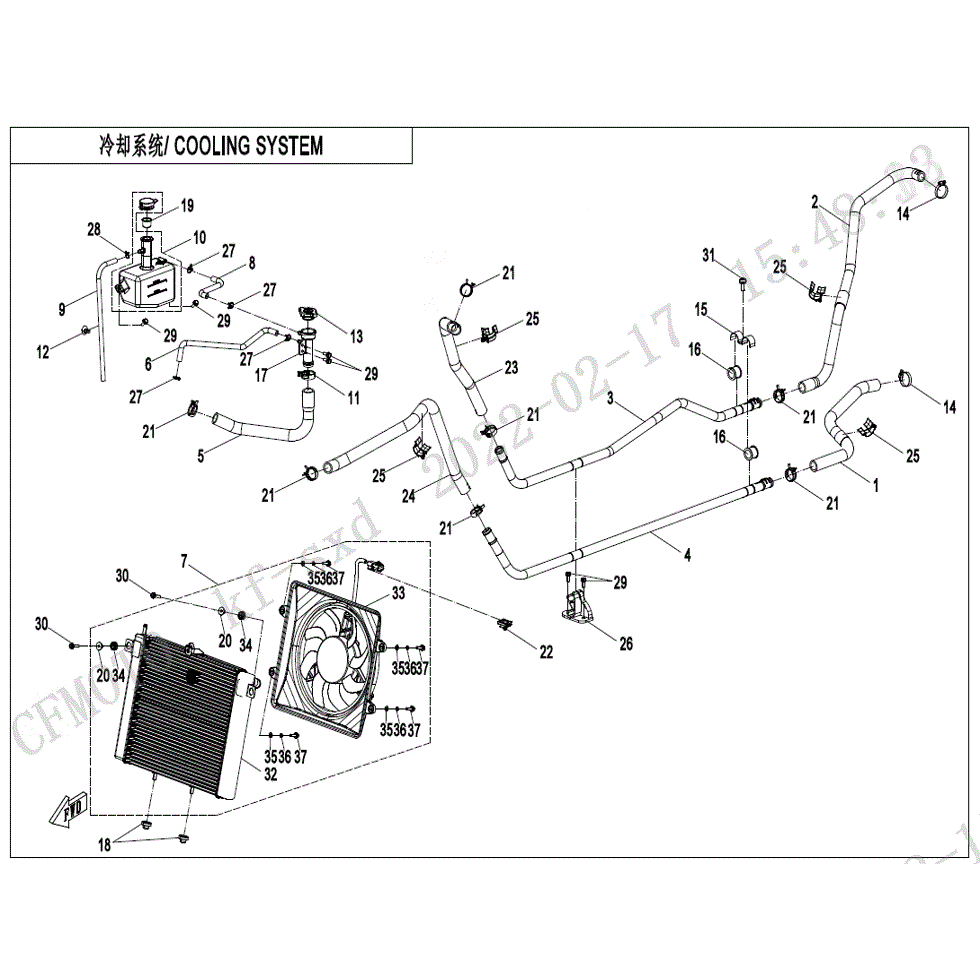 An Image of a Genuine CFMOTO Parts Schematic Diagram showing the schematic - COOLING SYSTEM - 2023 CFMOTO ZFORCE 800 Trail