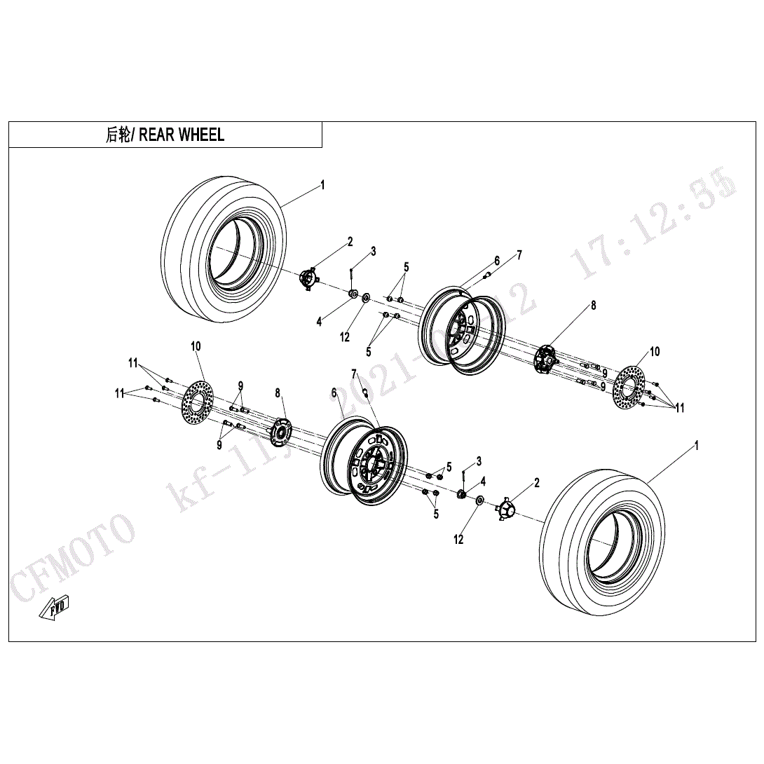 An Image of a Genuine CFMOTO Parts Schematic Diagram showing the schematic - REAR WHEEL - 2025 CFMOTO UFORCE 600
