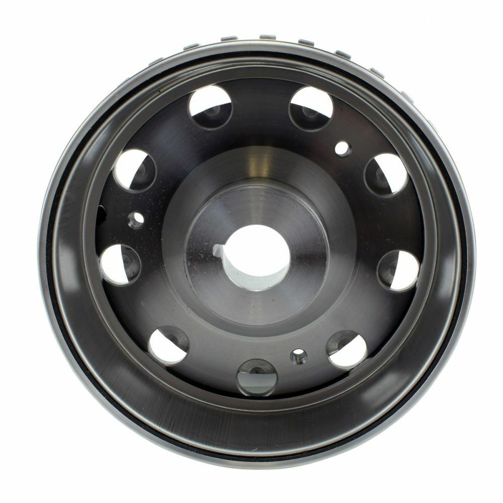 Black circular metal flywheel with multiple round holes evenly spaced around the center and a central opening for mounting.