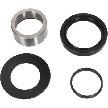 Four mechanical components on a white background—including a metal ring, black rubber ring, flat black washer, and thin black ring—from the Hot Rods Honda Transmission Seal Output Shaft kit.