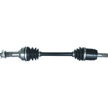 Black metal Honda TRX 420 front right CV axle with rubber boots and silver joints.