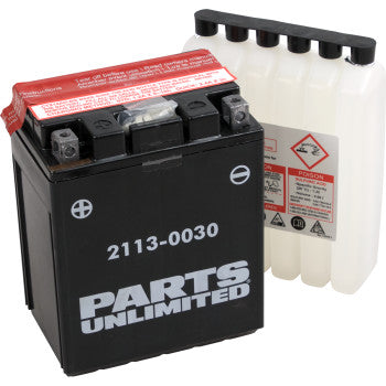 A Parts Unlimited AGM Battery - YTX14AHBS .798L is displayed beside a clear acid pack with warning labels and six caps, emphasizing its high performance and maintenance-free design.