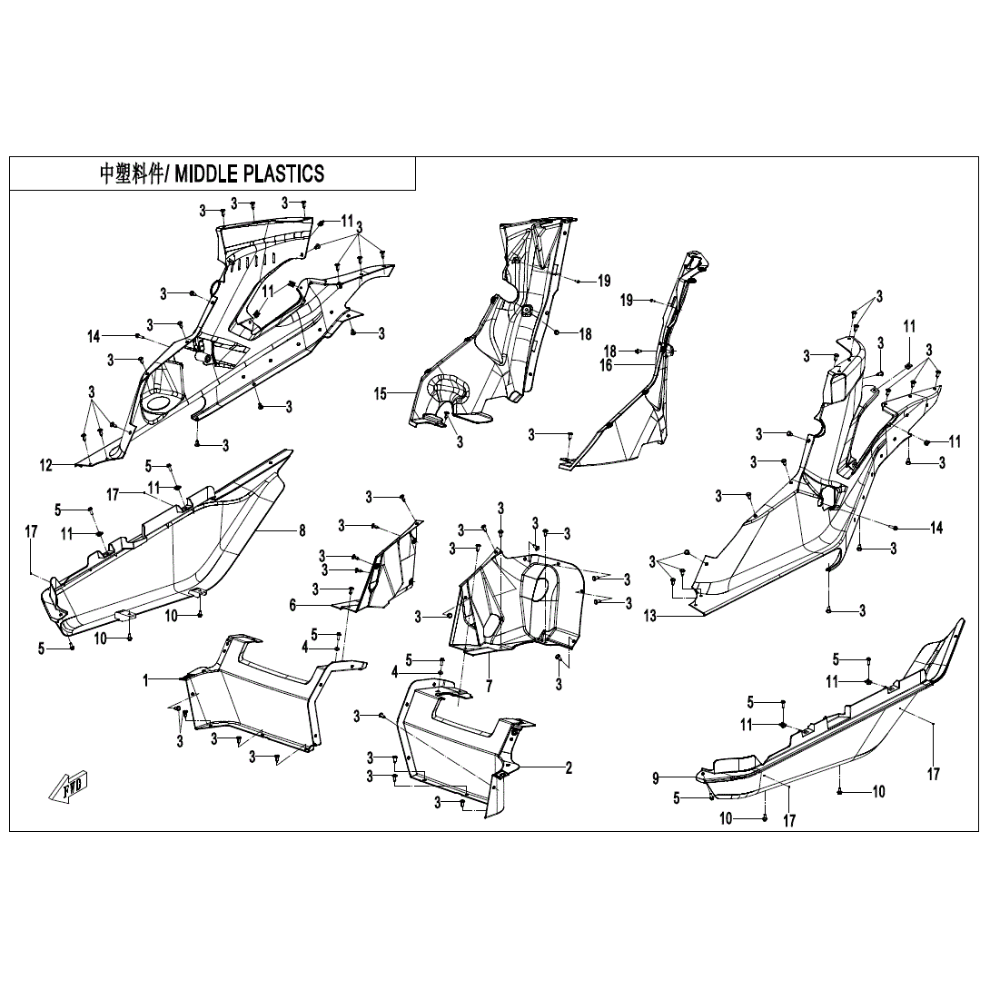 An Image of a Genuine CFMOTO Parts Schematic Diagram showing the schematic - MIDDLE PLASTICS - 2023 CFMOTO ZFORCE 950 HO EX
