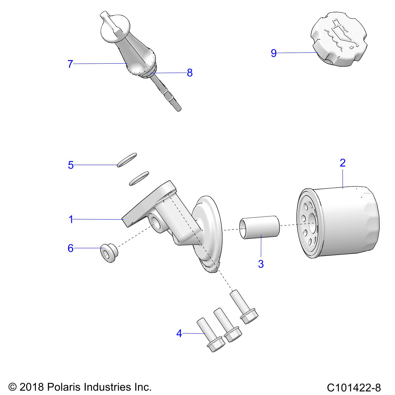 An Image of a Genuine Polaris Parts Schematic Diagram showing the schematic - ENGINE: OIL FILTER and DIPSTICK - 2024 POLARIS SPORTSMAN 570 6X6