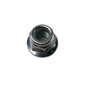 Silver hex flange nut with integrated washer and internal threading.