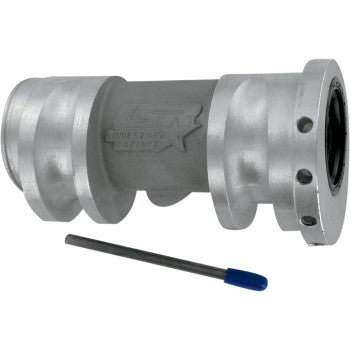 The Axle Carrier Super Twin by Lone Star Racing is a silver metal connector with a flange and bolt holes, featuring high-performance seals for durability. A small metal rod with a blue plastic cap is placed in front of it.