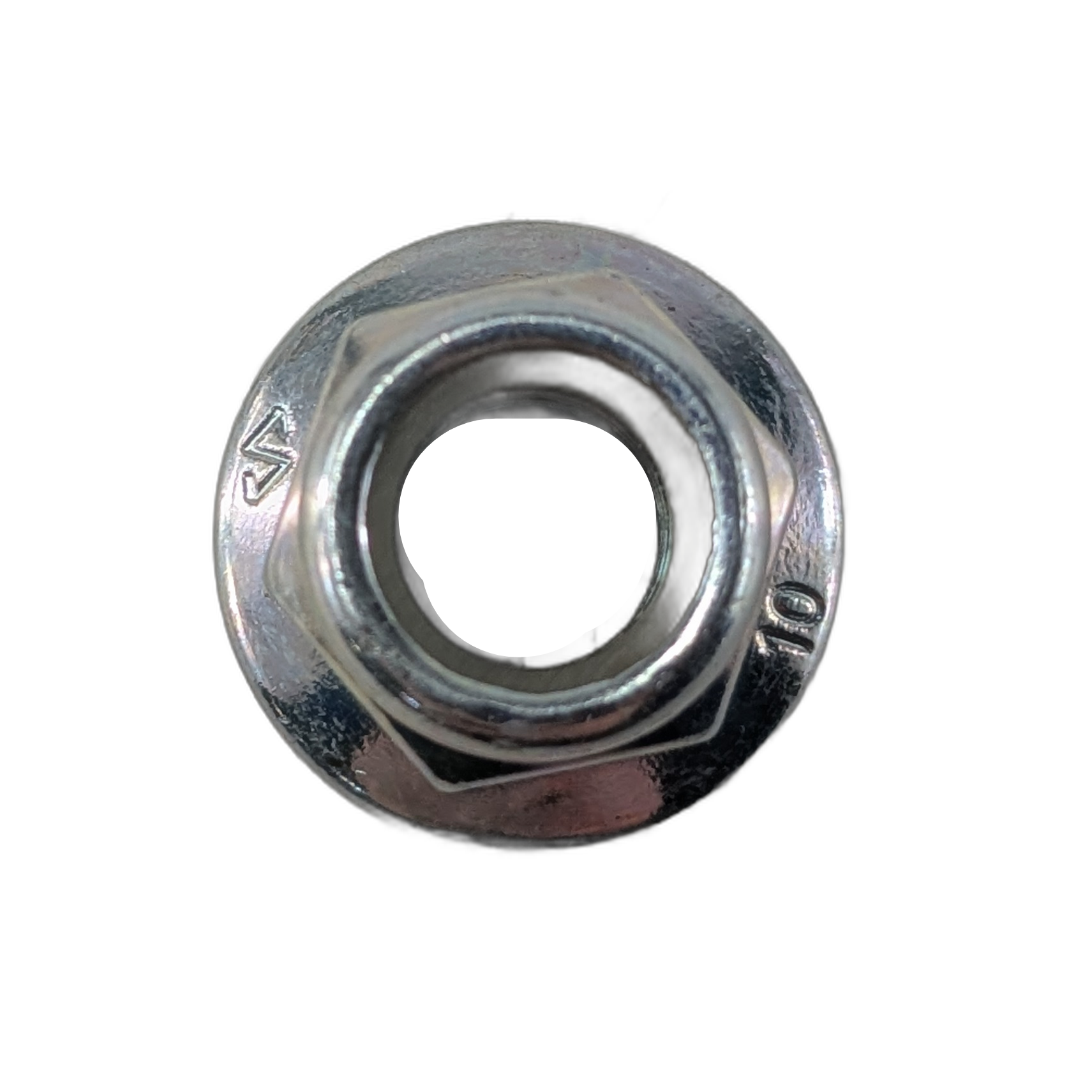 Silver metal hex flange elastic nut M10 with integrated locking ring.