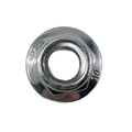 Silver metal hex flange elastic nut M10 with integrated locking ring.