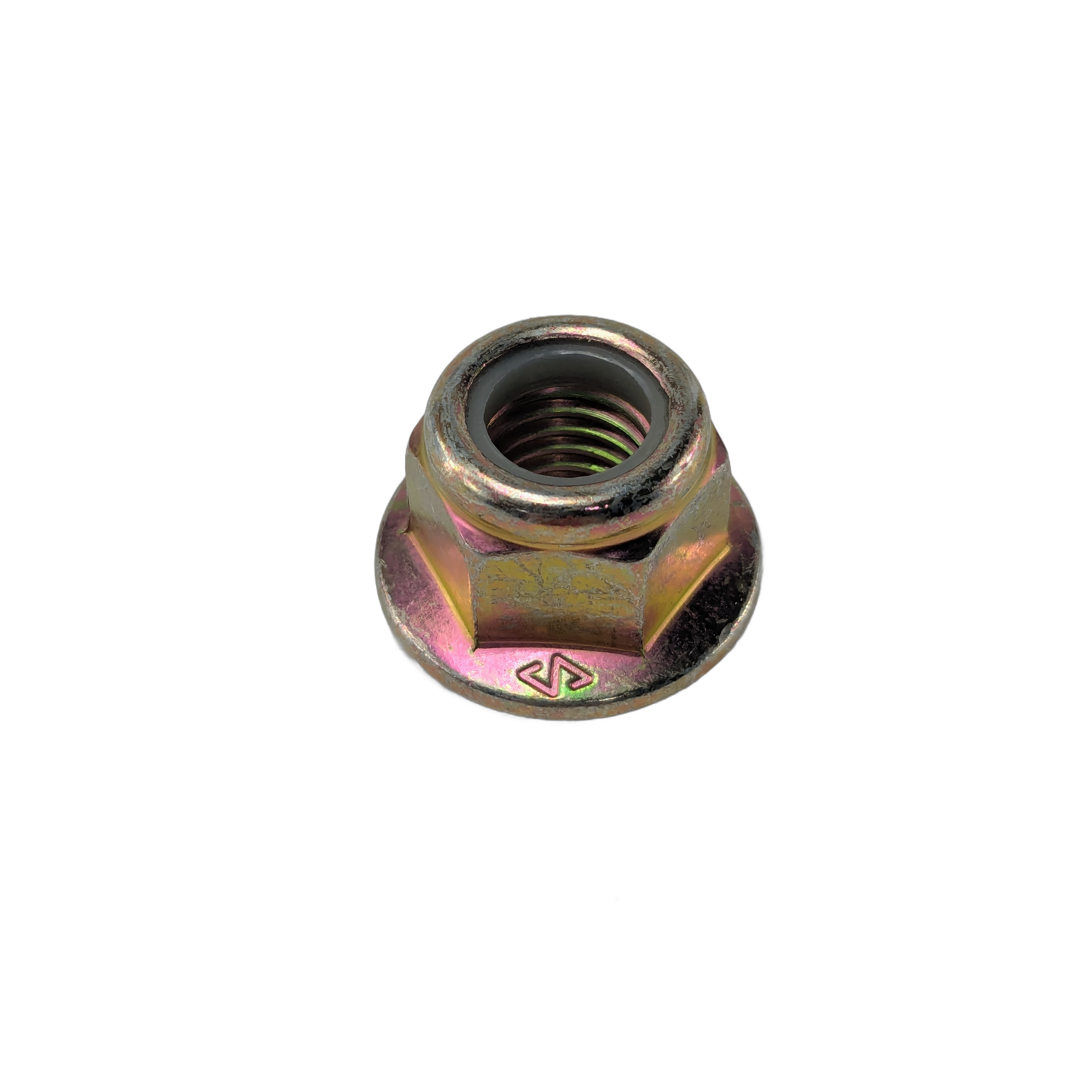 Hexagonal metal flange nut with elastic insert, zinc-coated with a yellowish tint, M12 size.