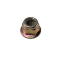 Hexagonal metal flange nut with elastic insert, zinc-coated with a yellowish tint, M12 size.