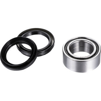 The Rincon Wheel Bearing Kit Rear Left & Right by Factory Links includes a metal waterproof cylindrical bearing for off-road use and two flat, circular black rubber oil seals, all shown on a white background.