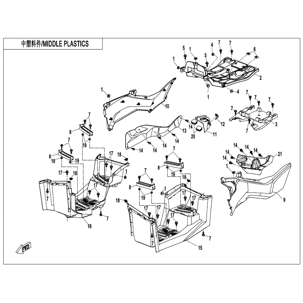 An Image of a genuine CFMOTO Parts Schematic Diagram showing the group - MIDDLE PLASTICS - 2021 CFMOTO CFORCE 1000 Overland