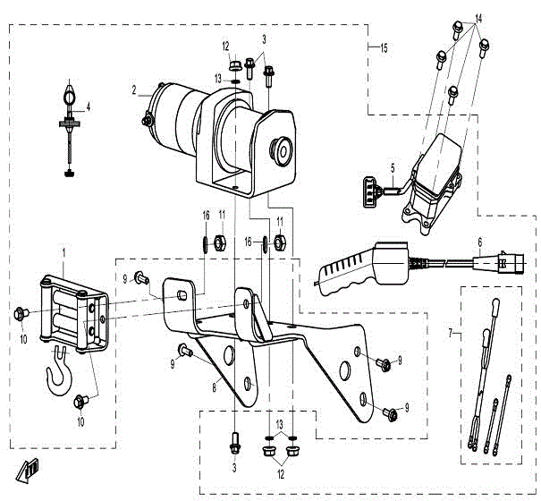 Exploded view line drawing of the Winch Assembly (Replaces 9060-1507B0) by CF Moto with labeled components. Find detailed diagrams for your winch assembly needs at Witchdoctors.com.