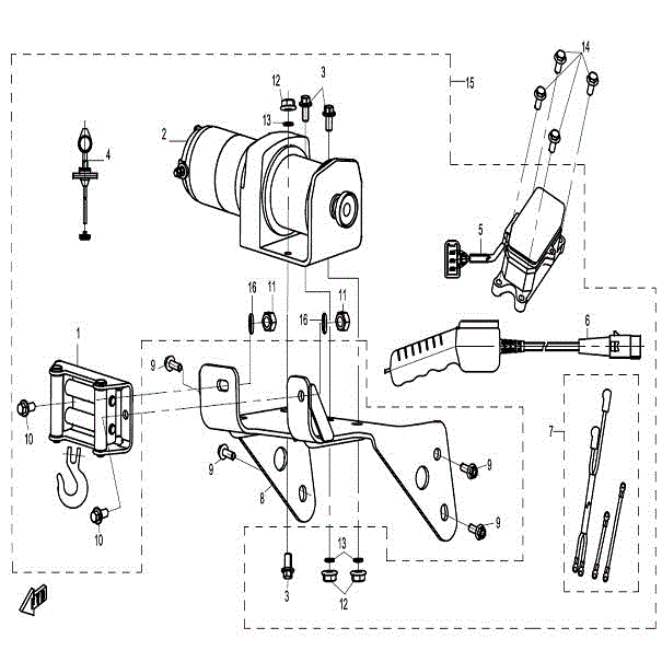 An Image of a Genuine CFMOTO Parts Schematic Diagram showing the schematic - TOWING WINCH - 2015 CFMOTO ZFORCE 600
