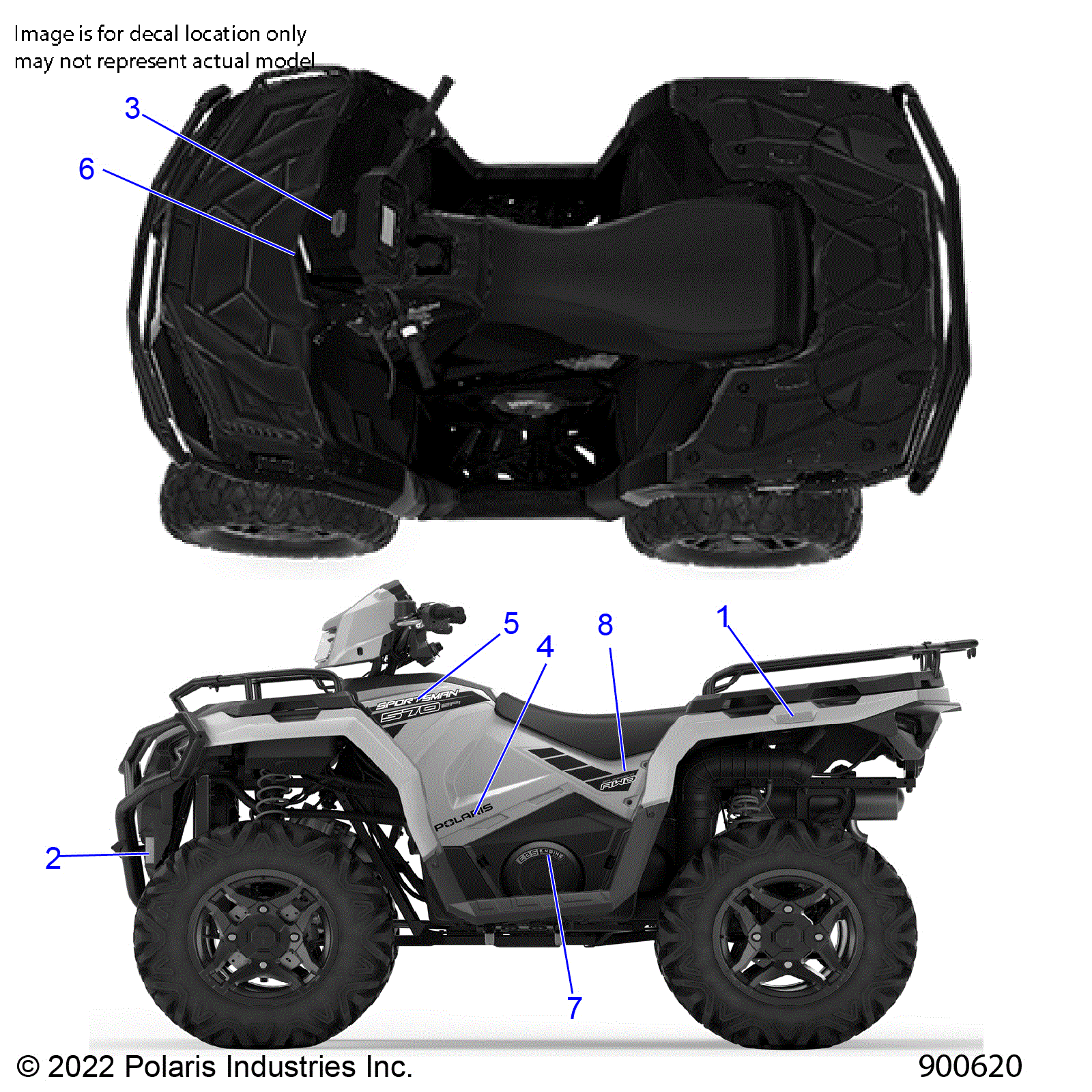An Image of a Genuine Polaris Parts Schematic Diagram showing the schematic - BODY: DECALS GRAPHIC - 2023 POLARIS SPORTSMAN 570 TRAIL EBS LE RC