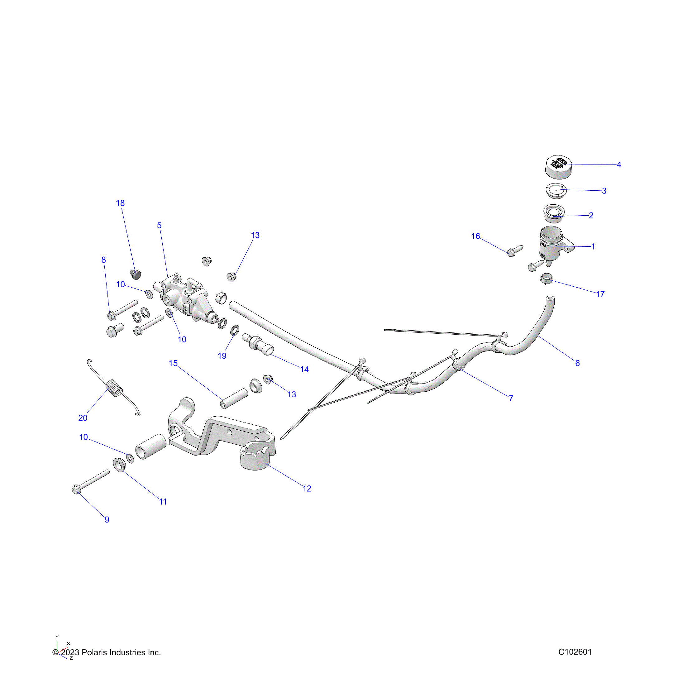 An Image of a Genuine Polaris Parts Schematic Diagram showing the schematic - BRAKES: BRAKE PEDAL and MASTER CYLINDER - 2025 POLARIS SPORTSMAN 570 6X6 EPS 49S