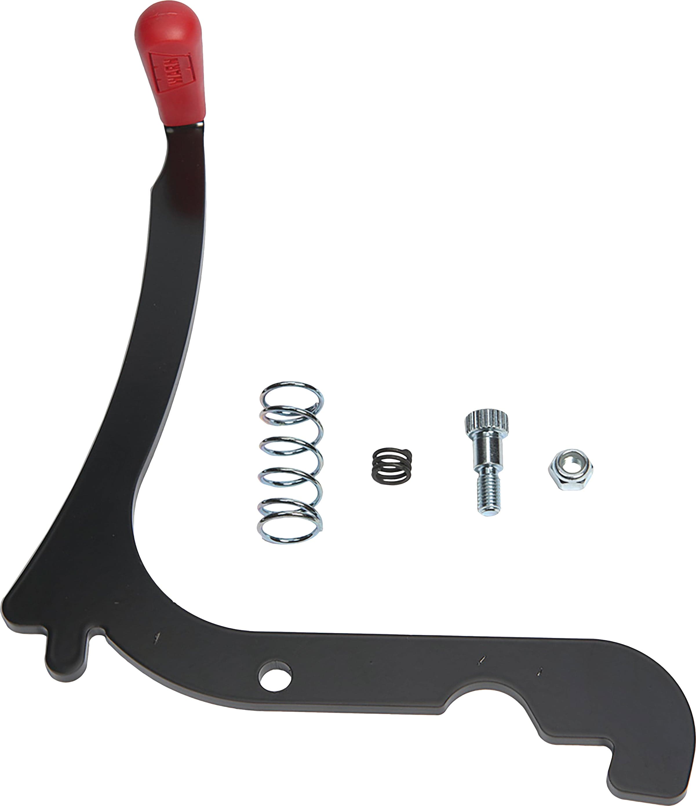 The image shows the ATV Snow Plow Blade Release Latch Lever by Warn, featuring a metal bracket with a red handle, two springs (one large, one small), a bolt, and a hex nut on a white background.