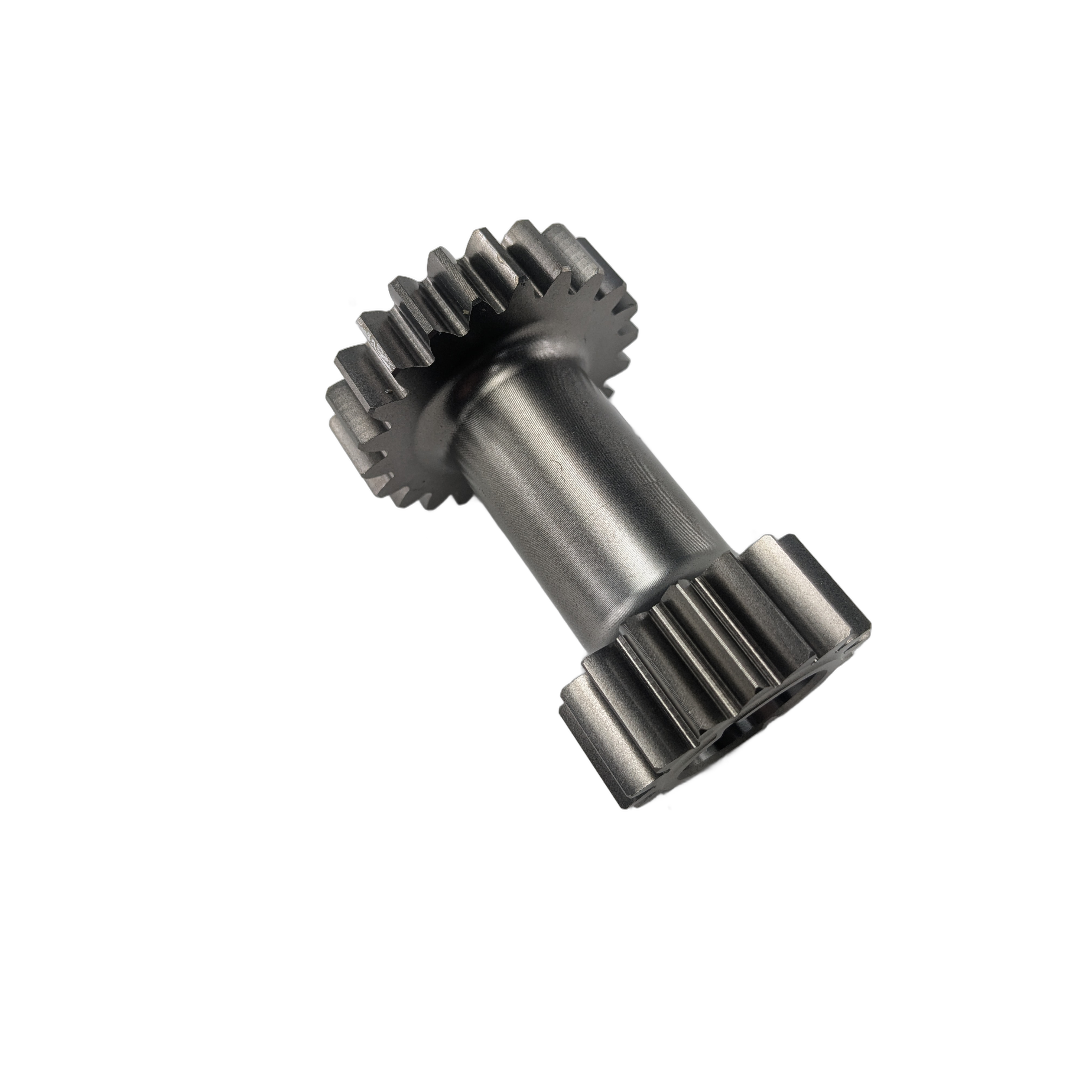 Metal gear with 16-tooth and 22-tooth cog sections and cylindrical shaft, gray finish.