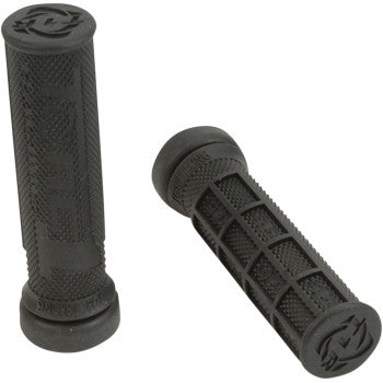 A pair of Torc1 ATV Holeshot Grips Medium Black, featuring textured patterns and raised end designs, are displayed on a white background—perfect for ATVs and can be installed securely with grip glue.
