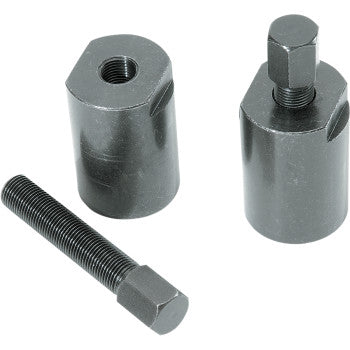 The Flywheel Puller M33 x 1.5 Right Hand Thread - Female by Dennis Stubblefield Sales, made in the USA, includes two hex-top threaded adapters and one hex bolt. Displayed on a white background. Lubricate threads before use for best results.