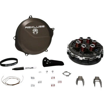 The Yamaha Radius CX 4.0 Clutch by Rekluse is shown on a white background with its clutch cover, EXP expanding friction disk, clutch assembly, springs, small parts, marker, band, and installation accessories neatly arranged.