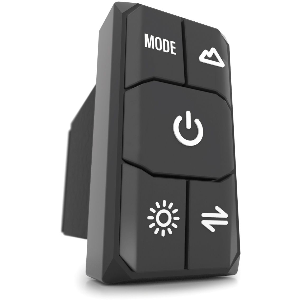 A close-up of the EcoXGear LED Controller Rocker Switch, a black 4-zone panel with four buttons: MODE (mountain icon), power symbol, sun icon for lighting scenes, and two arrows forming a loop.